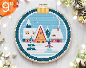 9'' Christmas cross stitch PDF pattern for beginners, Christmas DIY embroidery hoop art and wall décor, Modern hand embroidery ornaments