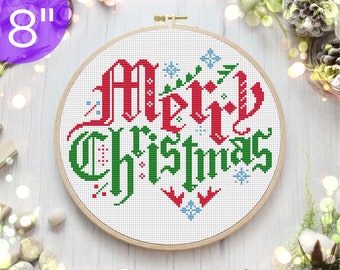 8'' Merry Cristmas cross stitch pattern, Holiday counted hand embroidery design, Modern needlework PDF ornamet, Xmas embroidery hoop art