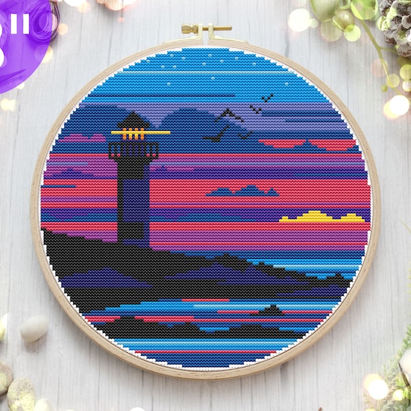 8'' PDF embroidery design for beginners, Lighthouse modern cross stitch pattern, Counted needlework pattern, Small holiday needlework design