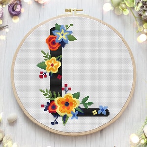 Modern cross stitch L Monogram pattern, Counted embroidery PDF design for Floral Monogram L wall décor