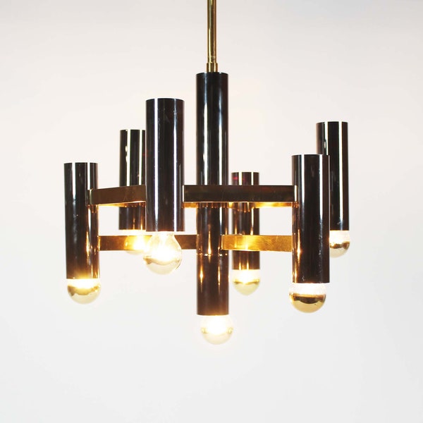 Brass & gunmetal geometric chandelier by Gaetano Sciolari for SA Boulanger