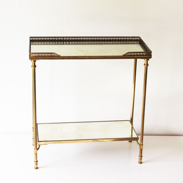 Vintage French Two Tier brass side table by Maison Jansen - Maison Jansen églomisé side table