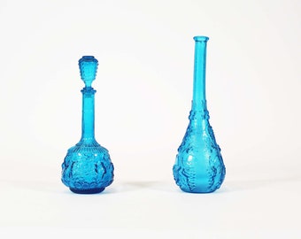Set of two ocean blue 1960's decorative "Genie" bottles by Empoli