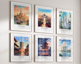 Retro Asian City Travel Posters | Set of 6 | Vintage Posters | Travel Decor | Travel Prints | Travel Wall Art | Printable | Digital Download