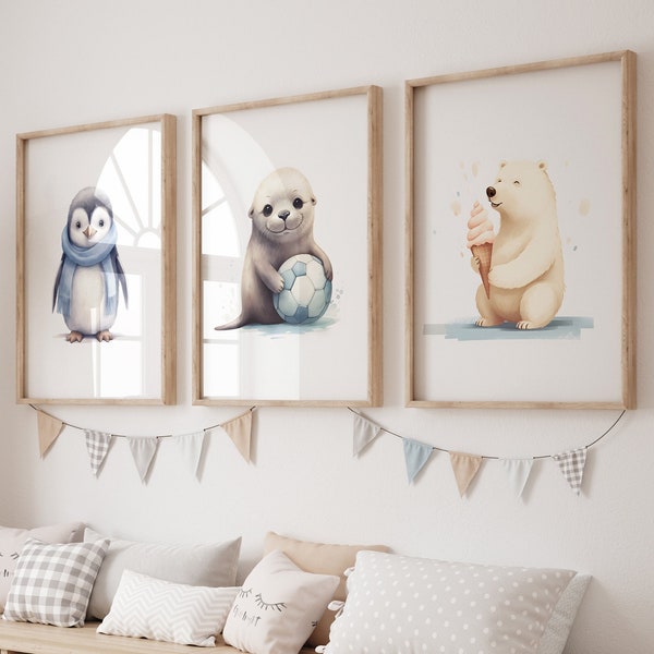 Set of 3 Artic Winter Animal Nursery Prints, Gender Neutral Nursery Prints, Bedroom Decor, Baby Toddler Gifts, Penguin, Polar Bear, Seal