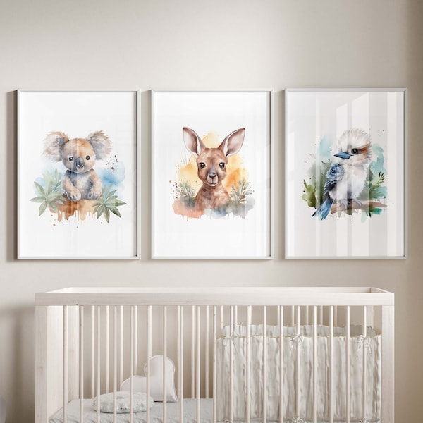 Set van 3 Australische dierenkwekerij prints, jongen & meisje, slaapkamer decor, baby peuter geschenken, kangoeroe, kookaburra, koala