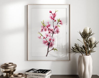 Pink Cherry Blossom Print | Colourful Botanical Wall Art | Floral Wall Decor | Living Room Wall Art | Printable | Digital Download