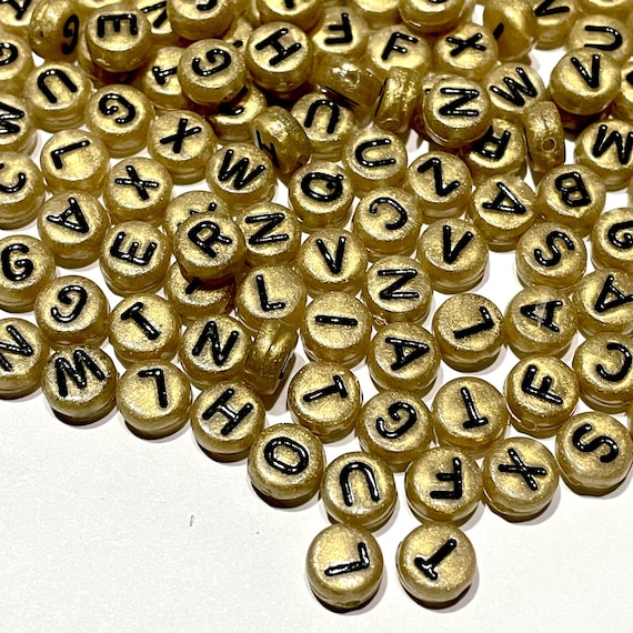 300x Dark Gold English Alphabet Black Letter 7mm Flat Round Acrylic Beads