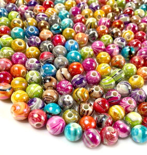 100x Multicolour Marble Design 8mm Acrylic Beads
