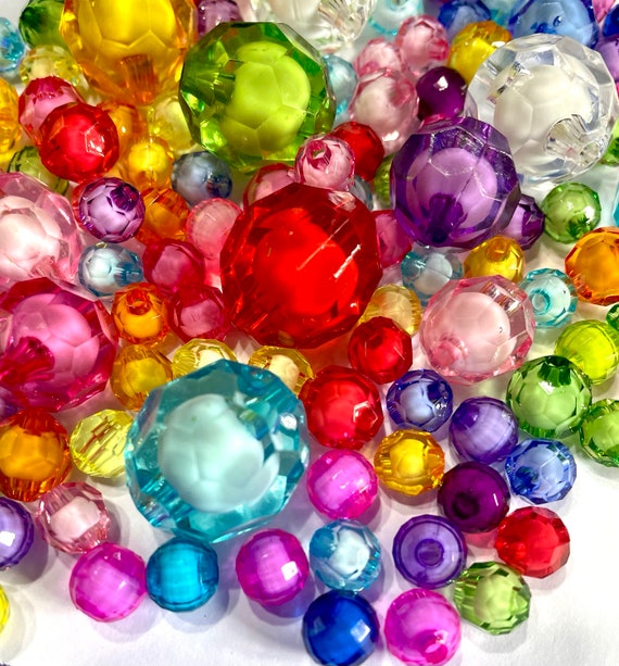 100 Multicolour Multi Size Faceted 7mm to 20mm White Core Acrylic Beads