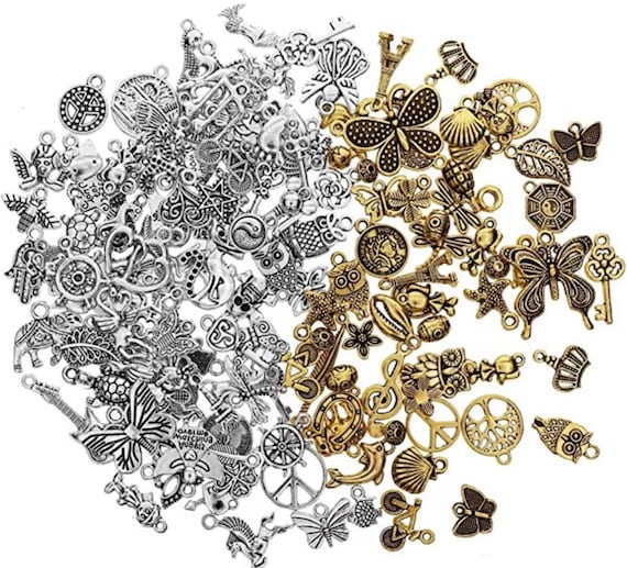 120pcs Antique Style Charms: Tibetan Silver & Bronze Colour Pendants (6-50mm)