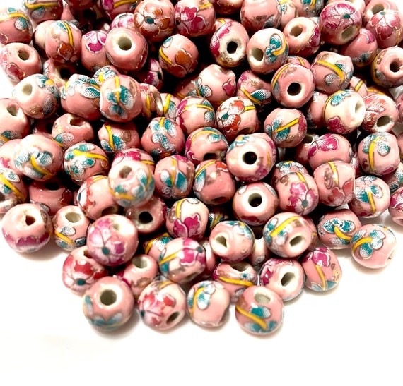 30pcs Dusky Pink Ceramic 6mm to 7mm Beads Hand painted Flower with Golden Linings