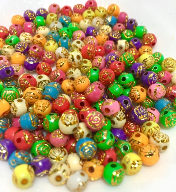 200x Multi Colour 6mm Rose Flower with Golden Linings Beads for Crafts