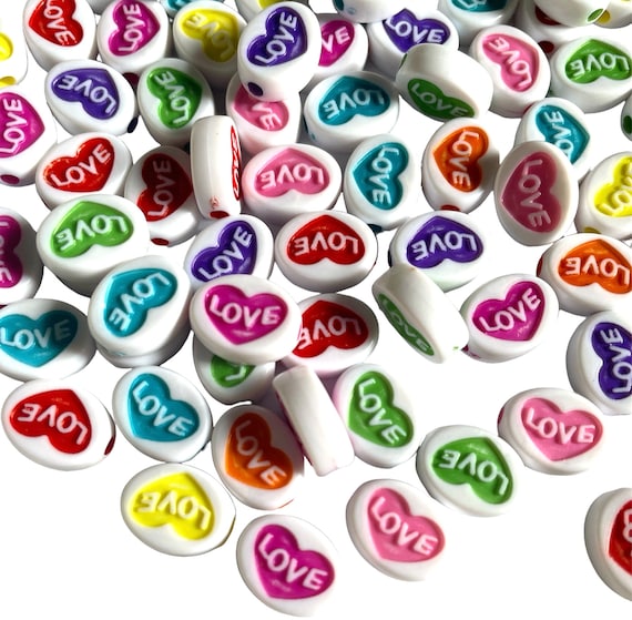 100 White with Multicolour Heart Center LOVE 12mmx10mm Acrylic Beads
