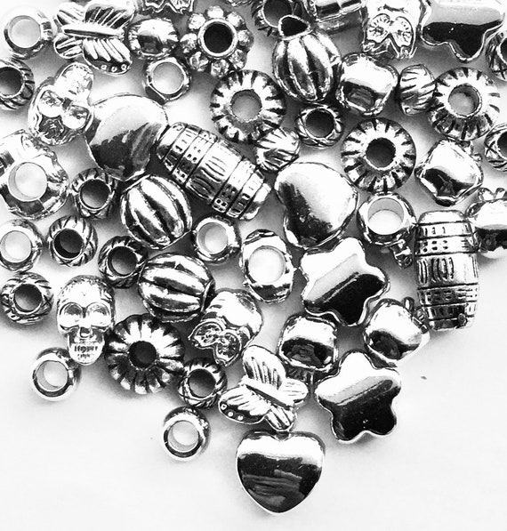 55pcs Mix Design Silver & Antique Silver European Style Large Hole Acrylic Beads