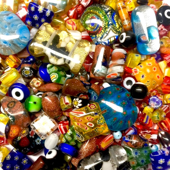 150 grams Multi Colour Mix Shapes 4mm to 25mm Lampwork Millefiore Foil Glass Beads for Craft and Jewellery Making