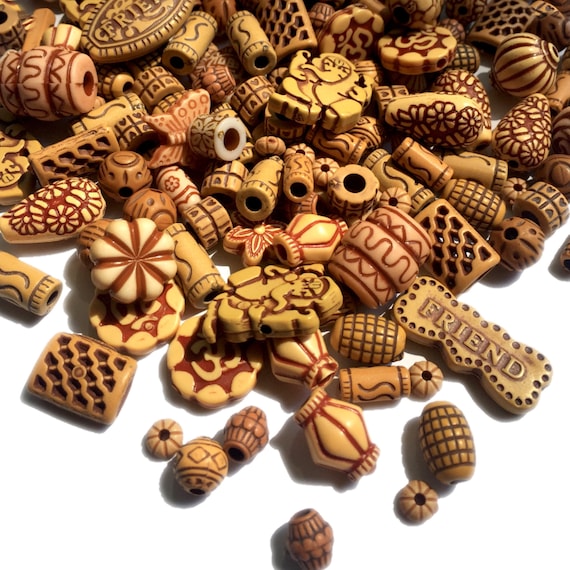 100+ pcs Tribal Ethnic Antique Mix Design Mix Sizes Wooden Look Acrylic Beads