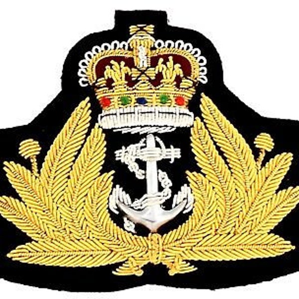 Royal Navy Cap Badge, Naval Queen Crown Handmade Bullion Gold Badge