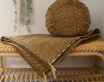 Blanket 110x150cm - HANDMADE in FRANCE - Floral blockprint cotton
