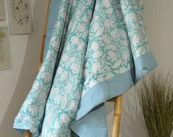 Blanket 125x140cm - HANDMADE in FRANCE - Blockprint and striped cotton