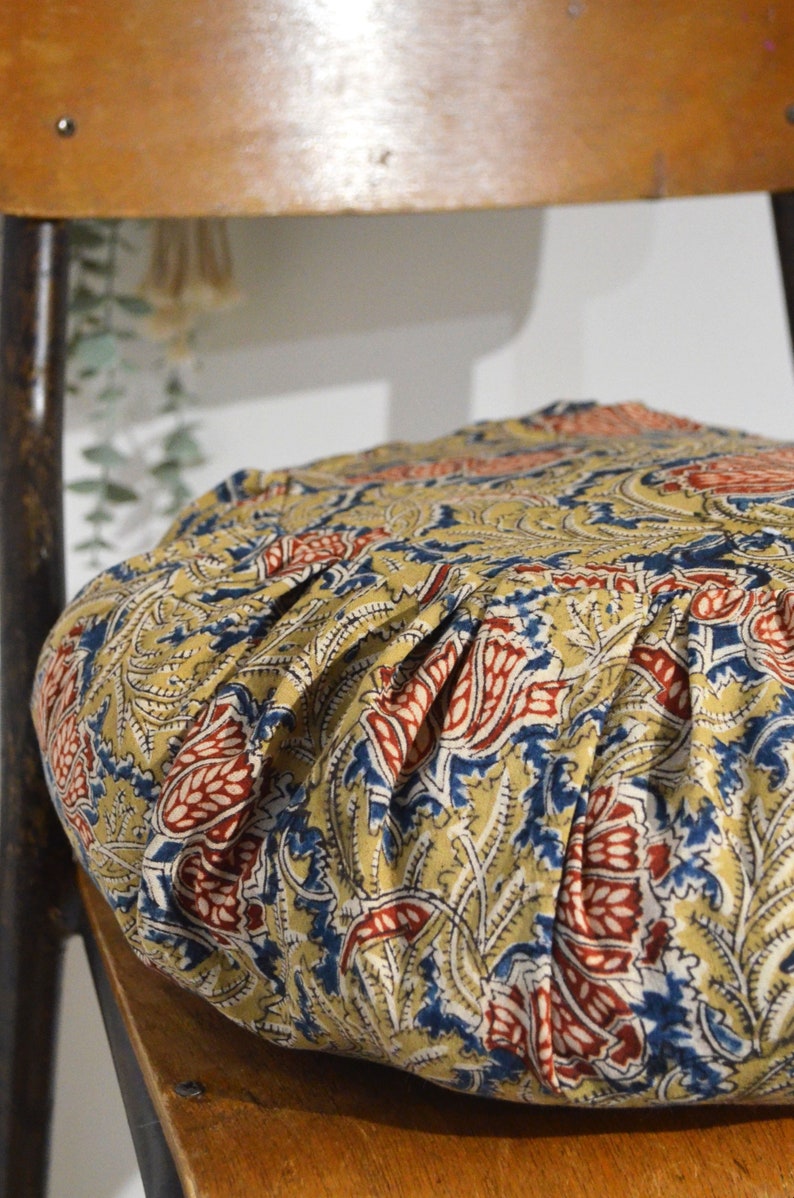 Round cushion 40cm HANDMADE in FRANCE pleated blockprint floral cotton image 8