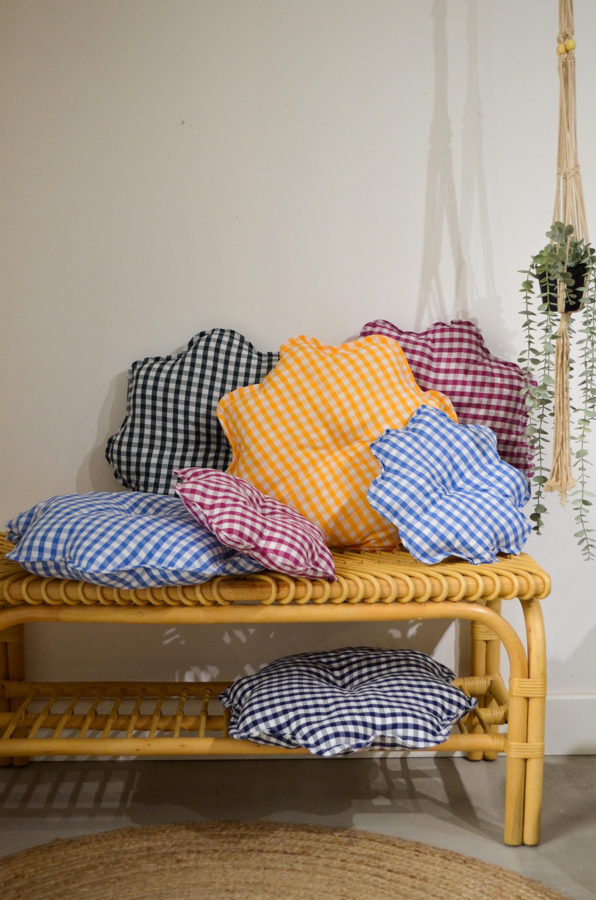 Round Flower Cushion - HANDMADE in FRANCE - Gingham Cotton Fabric