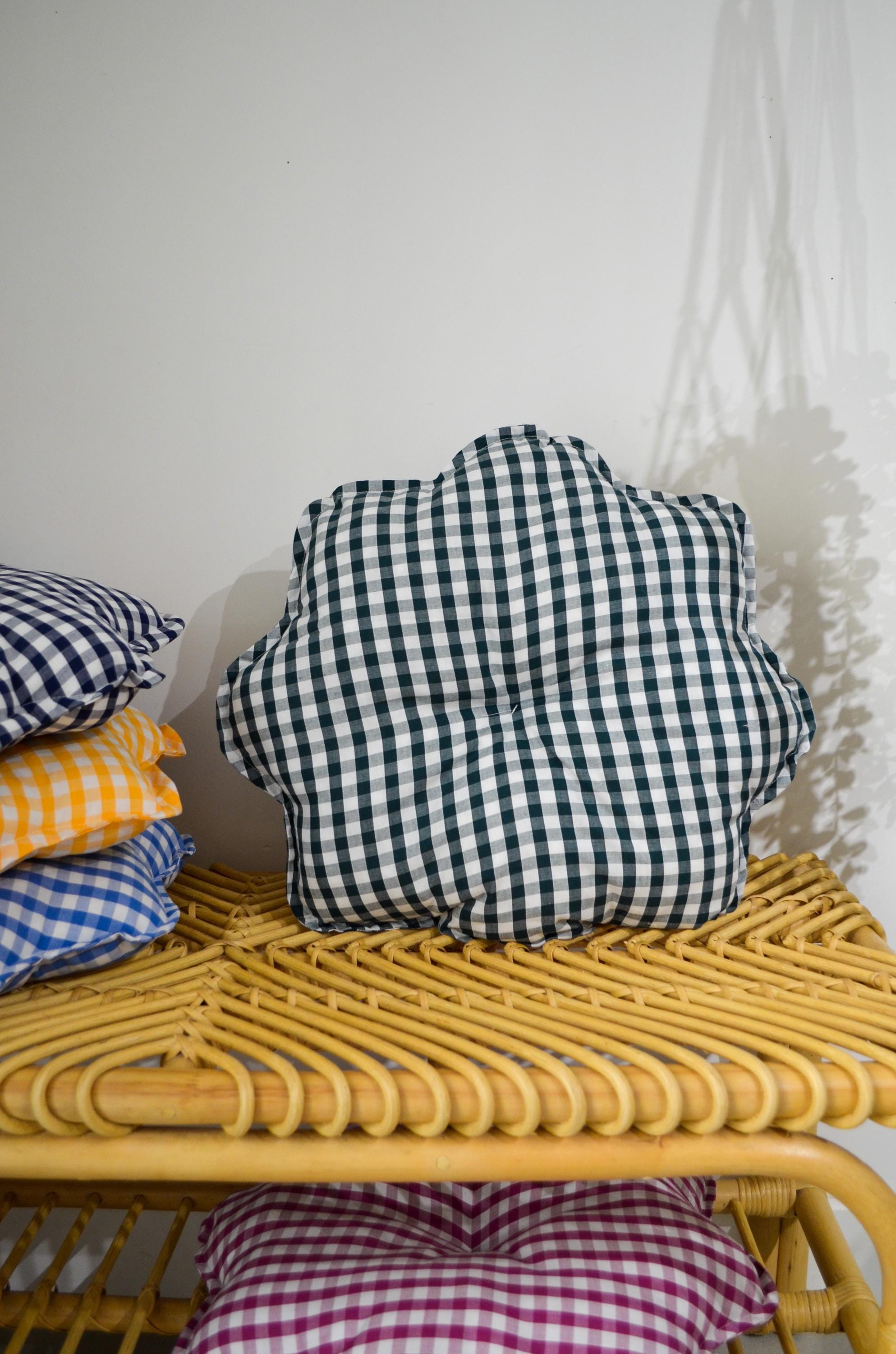 Round Flower Cushion - HANDMADE in FRANCE - Gingham Cotton Fabric