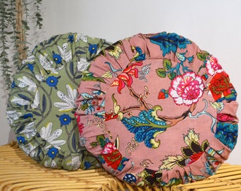 Round cushion 40cm - HANDMADE in FRANCE - pleated blockprint floral cotton
