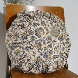 Round cushion 40cm HANDMADE in FRANCE pleated blockprint floral cotton Bleu