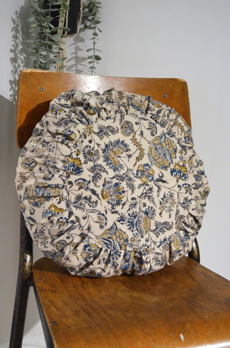 Round cushion 40cm HANDMADE in FRANCE pleated blockprint floral cotton Bleu