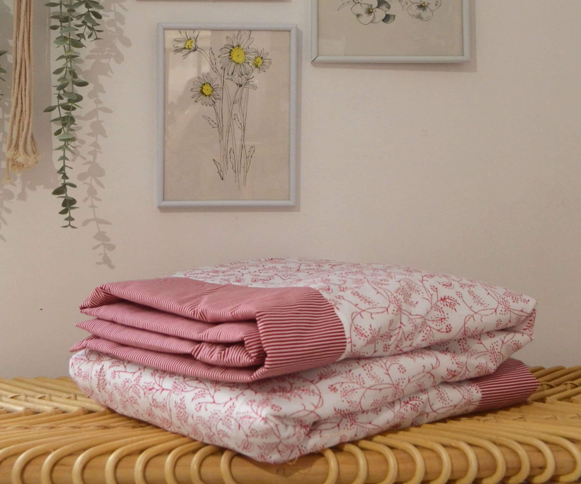 Blanket 125x140cm - HANDMADE in FRANCE - Blockprint and striped cotton