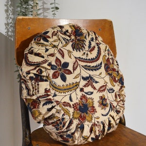 Round cushion 40cm HANDMADE in FRANCE pleated blockprint floral cotton Beige