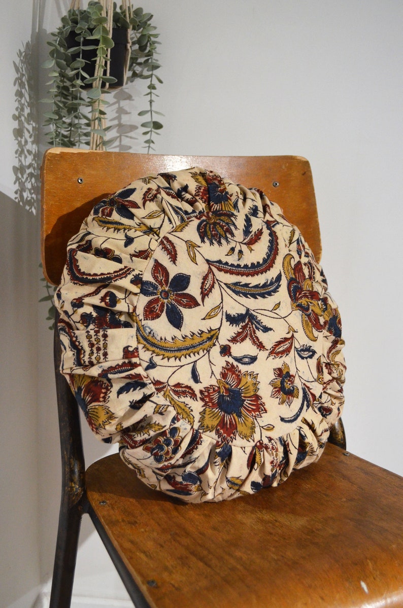 Round cushion 40cm HANDMADE in FRANCE pleated blockprint floral cotton Beige