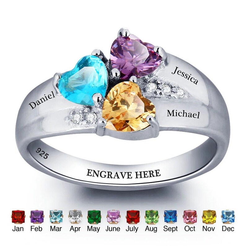 Personalized Birthstone Heart Ring Engraved with 3 Birthstones and 3 Names Mother Gift Sterling Silver Children Stone Ring Wife Gift