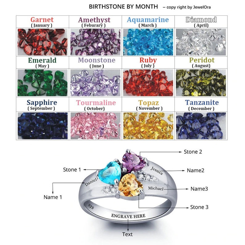 Personalized Birthstone Heart Ring Engraved with 3 Birthstones and 3 Names Mother Gift Sterling Silver Children Stone Ring Wife Gift