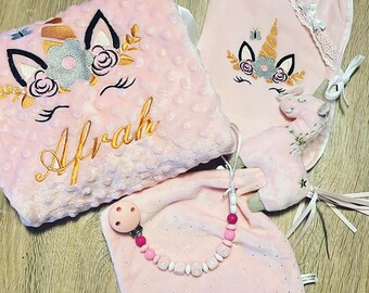 baby girl birth set gril pink unicorn 4 pieces pacifier clip comforter plaid notebook protector