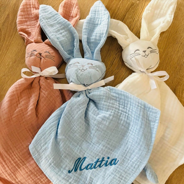 doudou lange bébé mixte rose blanc bleu rose idée cadeaux naissance Gaz coton personnalisé