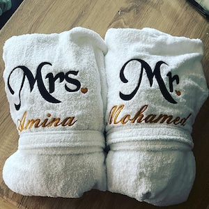 Duo peignoirs de bain 300G/M , personnalisé, cadeau de mariage, nom brodé, 100% coton , peignoir personnalisée Taille 38/40/42
