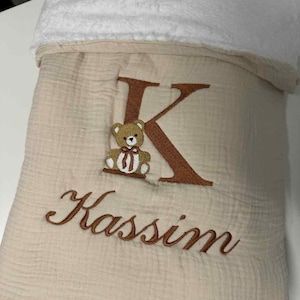 Beautiful blanket with a capital bear design and personalized embroidered name, a perfect gift idea for a baby girl or boy, best seller
