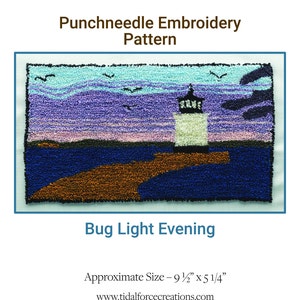 May include: Punchneedle embroidery pattern of a lighthouse on a rocky shore at sunset. The sky is a gradient of purple, pink, and blue with white clouds. The lighthouse is white with a black roof and a black door. The water is a dark blue and the shore is a light brown. The pattern is 9 1/2 inches by 5 1/4 inches.