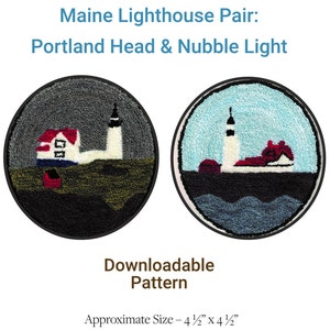 May include: Two round rug patterns featuring the Portland Head and Nubble Light lighthouses in Maine. The patterns are 4 1/2 inches in diameter and are downloadable.