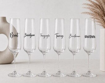 Personalized stickers for champagne or wine glasses, with names for weddings, celebrations, bachelor/bachelorette parties, hen parties or birthdays.
