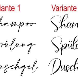 May include: Two different font styles for the words "Shampoo", "Sp&uuml;lung", and "Duschgel" in black text on a white background. The words "Variante 1" and "Variante 2" are in red text above each set of words.