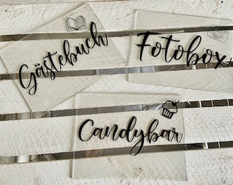 Stand for photo booth, candy bar and guestbook made of acrylic with vinyl lettering, customizable