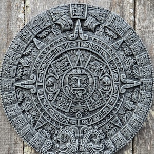 Aztec Calendar - Obsidian/Stone Gray Finish - Wall Decor With Wire For Hanging 8.5&quot;-10.5&quot; Size - Garden Stone Path - Traditional Mexican Art