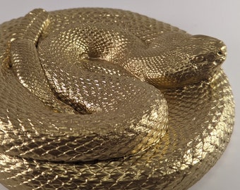 Gold Snake Statue - Home or Office Decor - Light Cement Statue, Modern Style, Unique Accent, Concrete Animal Statue, Lucky Gold Rattlesnake