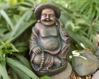 Patina Copper Laughing Buddha Concrete Statue - Home or Garden Decor - Good Luck and Fortune - Garden Buddha, Cement Buddha, Zen Garden