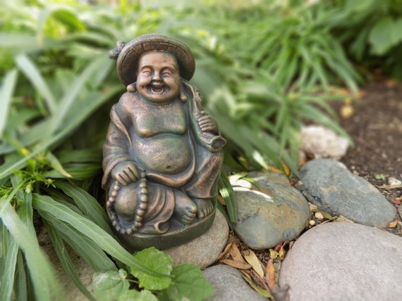 Patina Copper Laughing Buddha Concrete Statue - Home or Garden