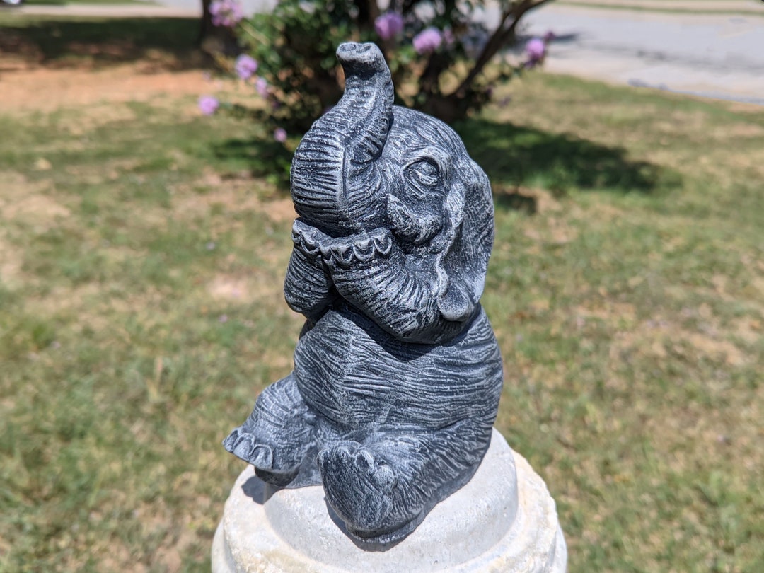 Laughing Baby Elephant Concrete Statue Home or Garden Decor, Cement