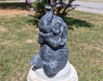 Laughing Baby Elephant Concrete Statue -  Home or Garden Decor, Cement Animal Art for Interior, Exterior, Garden, Yard, Office - Stone Gray